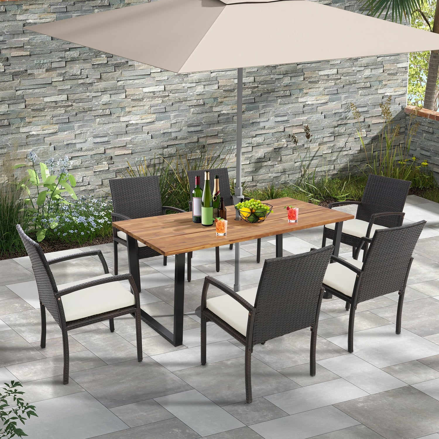 Juego de comedor de ratán para patio de 7 piezas con orificio para sombrilla-L