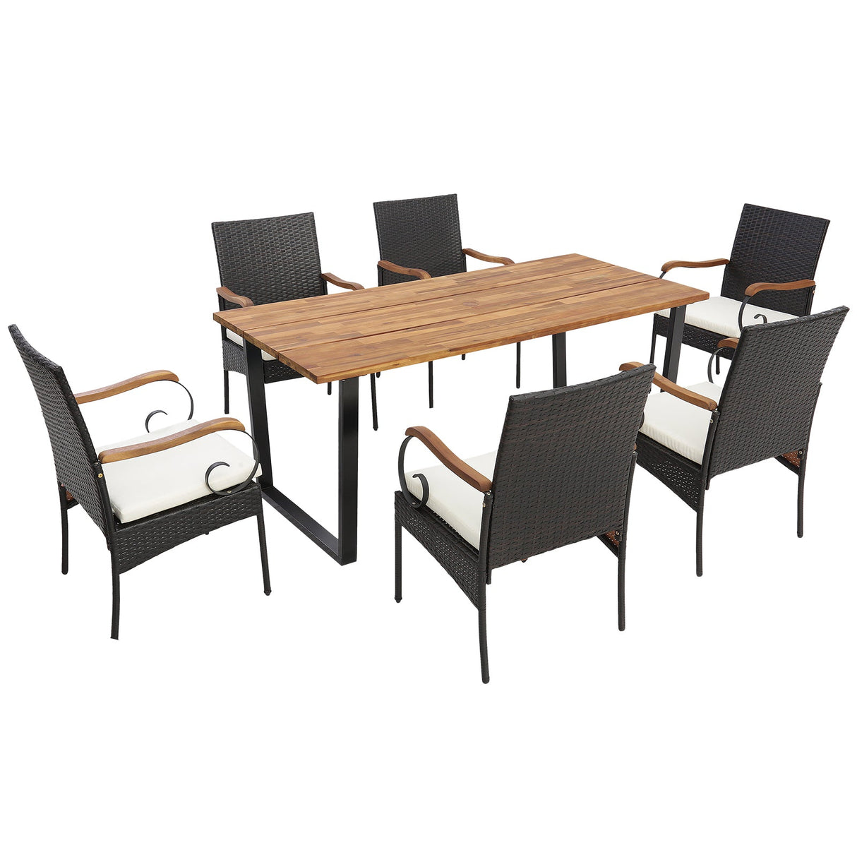 Juego de comedor de ratán para patio de 7 piezas con orificio para sombrilla-L