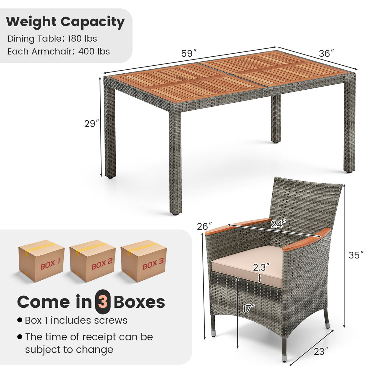 Juego de comedor de 7 piezas para patio de madera de acacia con cojines y ratán PE