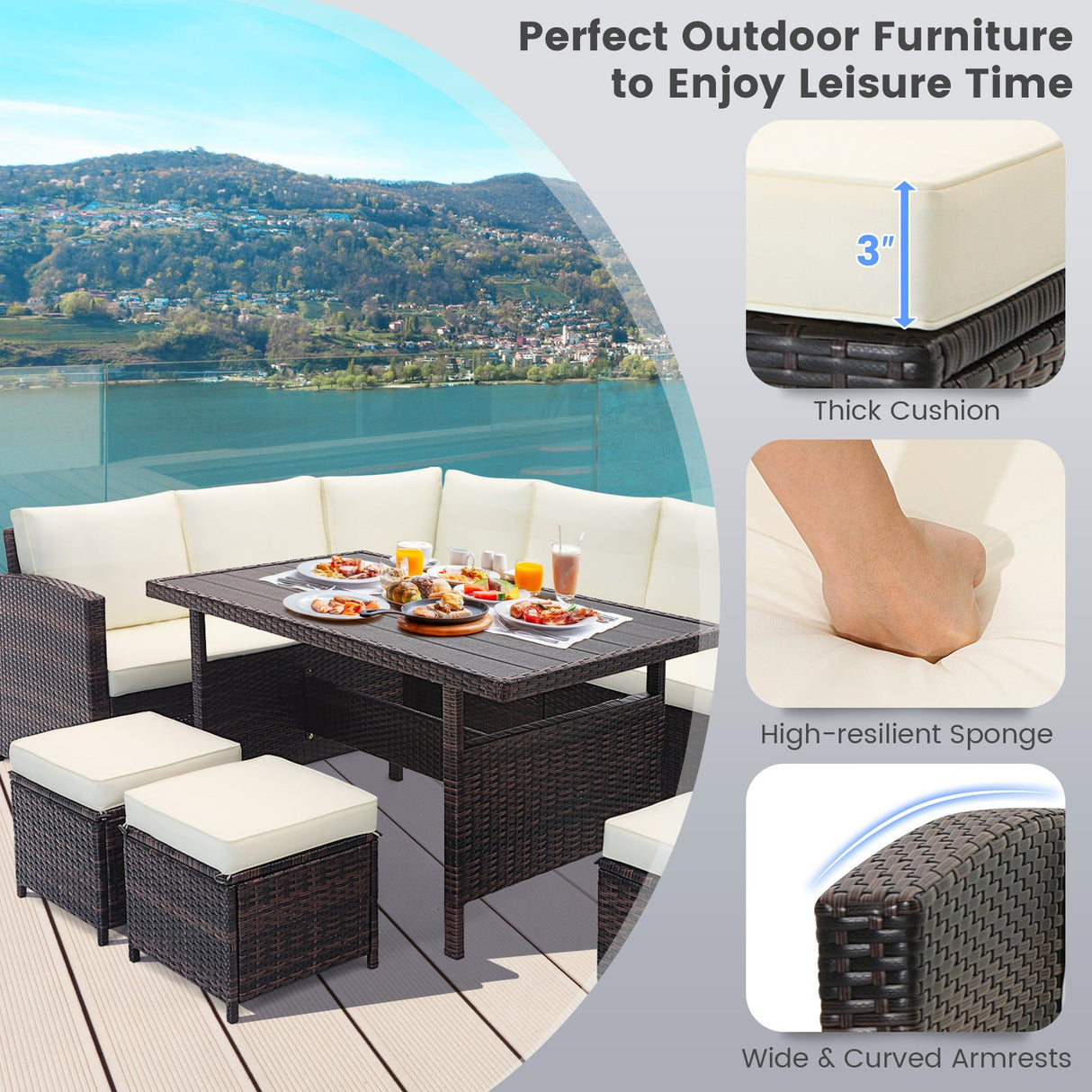 Juego de muebles de patio de mimbre de 7 piezas - Blanco