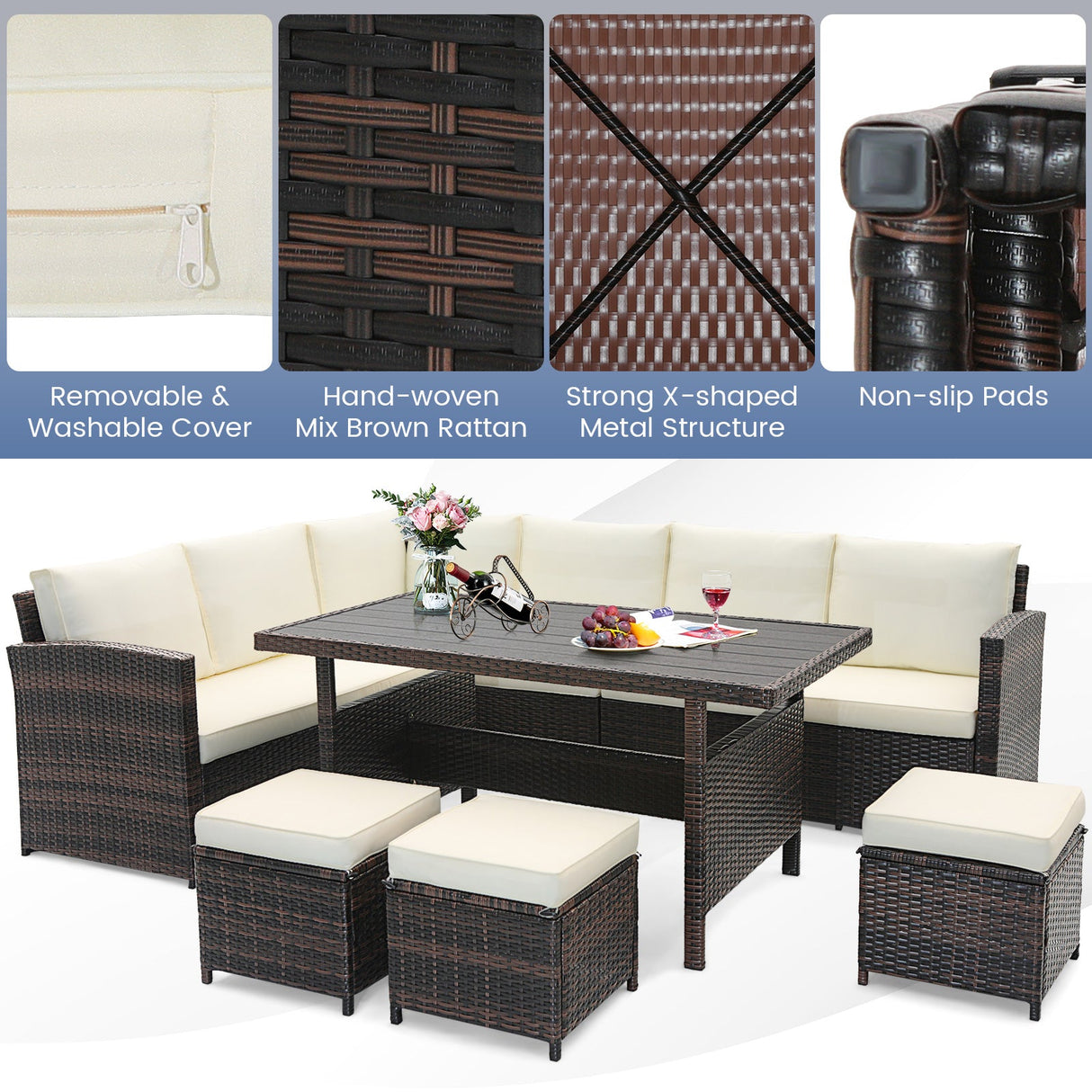Juego de muebles de patio de mimbre de 7 piezas - Blanco