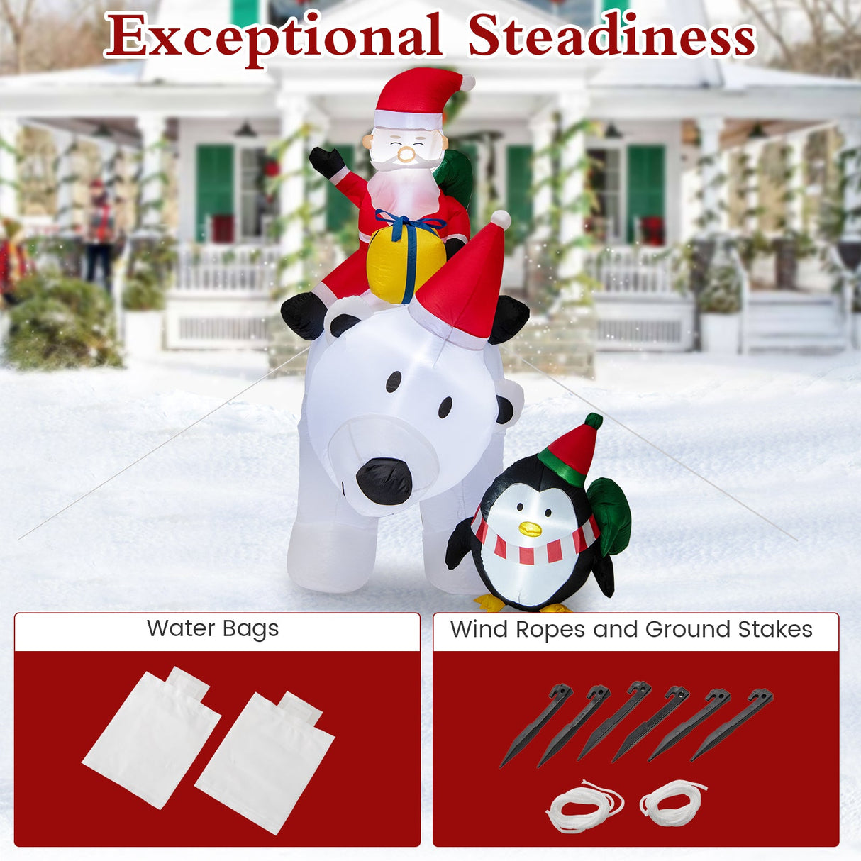 7 pies Papá Noel inflable montado en oso con bolsas de regalo de pingüinos y caja de regalo