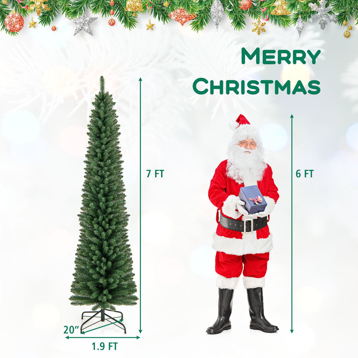 Árbol de Navidad Tipo Lápiz de 1,5/1,8/2,1/2,4 metros con 295/392/523/671 Puntas de Rama de Alambre con Memoria y Soporte Metálico Mejorado
