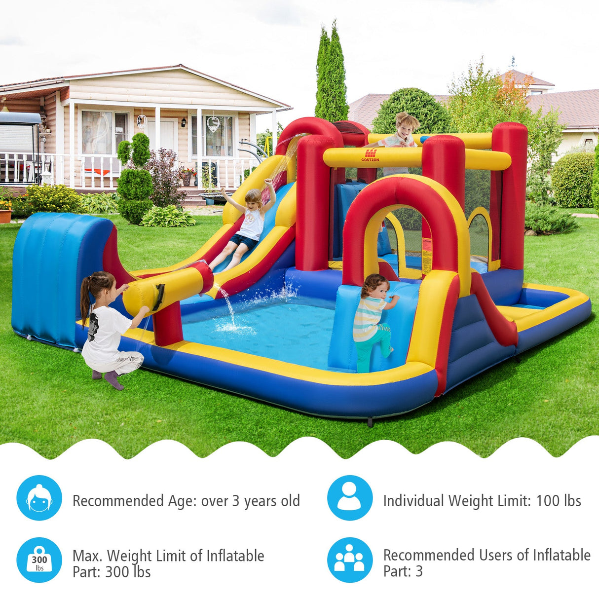 Castillo Hinchable Exterior 7 en 1 con Toboganes Acuáticos y Piscinas de Salpicaduras sin Soplador