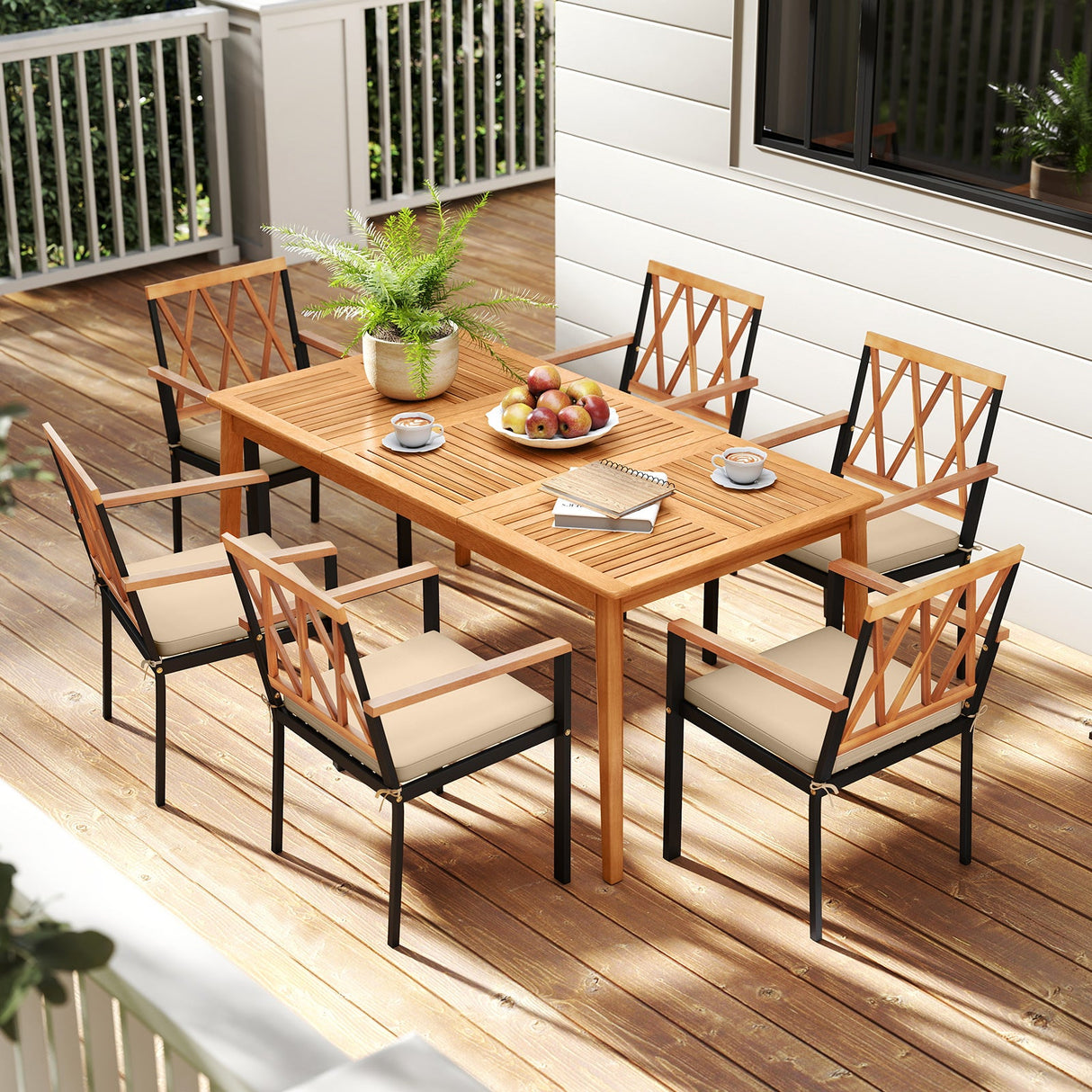 Juego de comedor de patio de 7 piezas de madera de acacia maciza con agujero para sombrilla