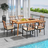 Juego de comedor de patio de 7 piezas de madera de acacia maciza con agujero para sombrilla