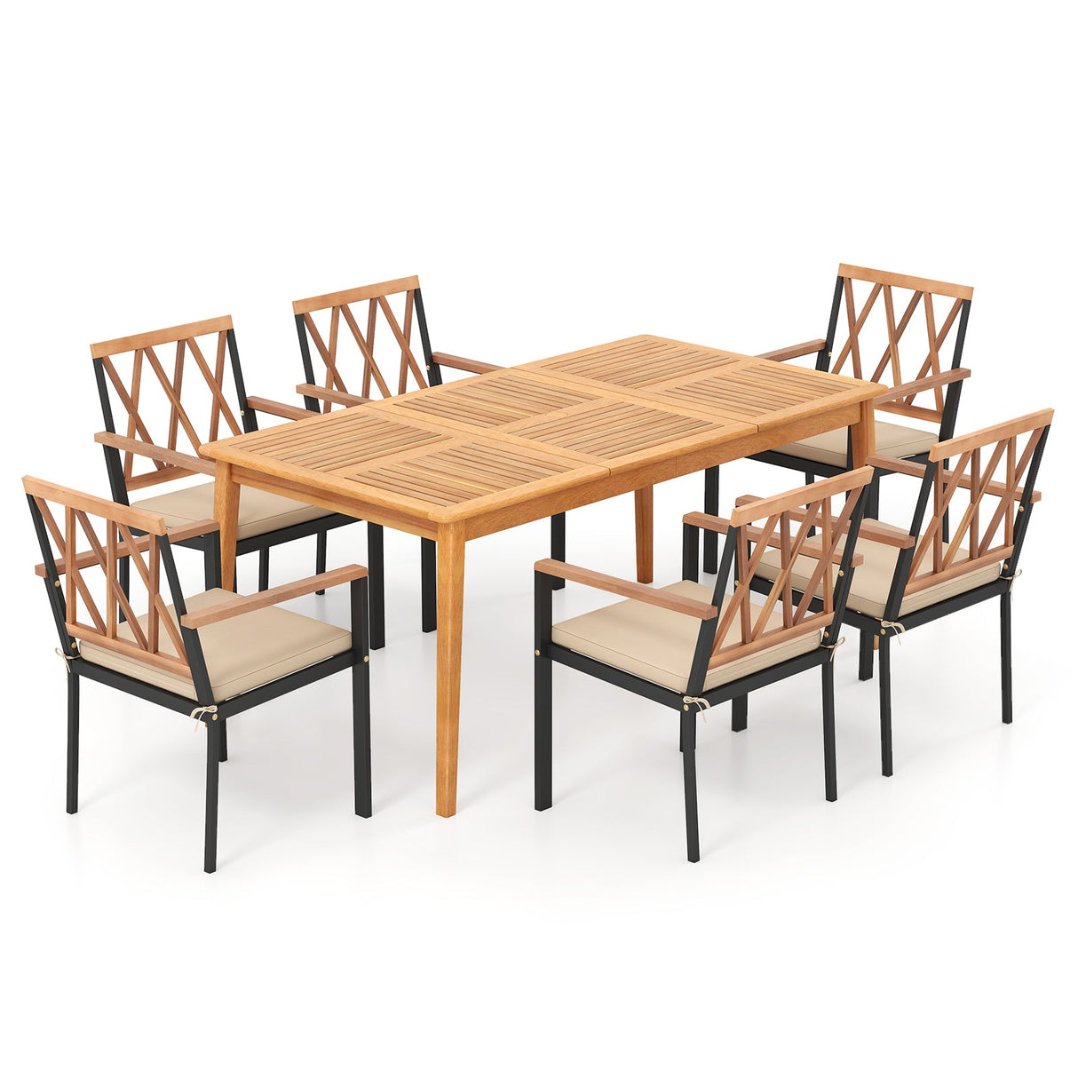 Juego de comedor de patio de 7 piezas de madera de acacia maciza con agujero para sombrilla