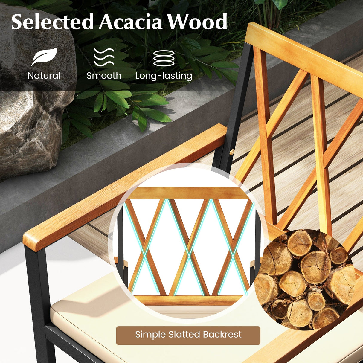 Juego de comedor de patio de 7 piezas de madera de acacia maciza con agujero para sombrilla