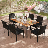 Juego de comedor de exterior de 7 piezas de madera de acacia con mesa con orificio para sombrilla y cojines