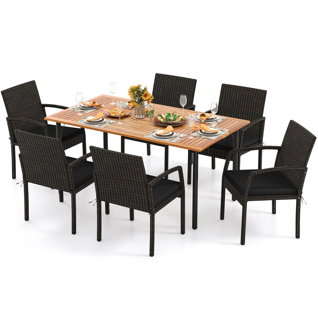Juego de comedor de exterior de 7 piezas de madera de acacia con mesa con orificio para sombrilla y cojines