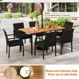 Juego de comedor de exterior de 7 piezas de madera de acacia con mesa con orificio para sombrilla y cojines