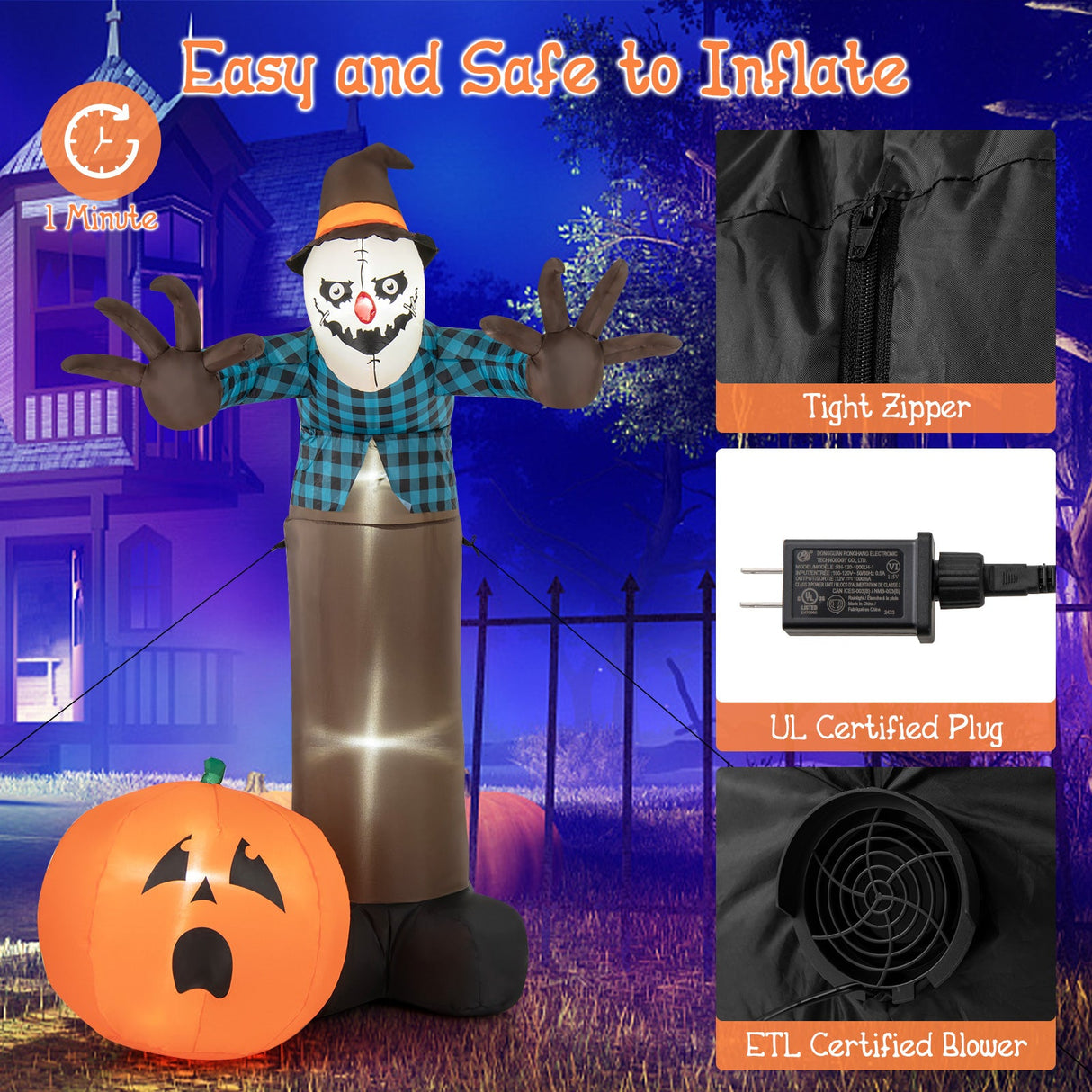 Espantapájaros fantasma de calabaza inflable de Halloween de 2,13 m con luces LED incorporadas