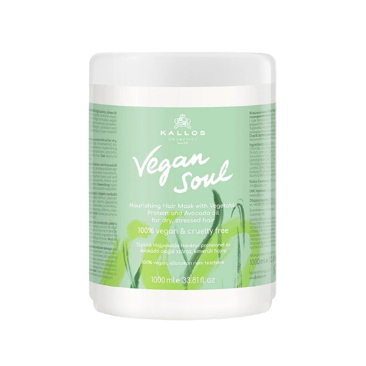 Kallos Cosmetics Vegan Soul Nourishing Hair Mask for Dry & Damaged Hair - 1000ml Vegan Hair Care