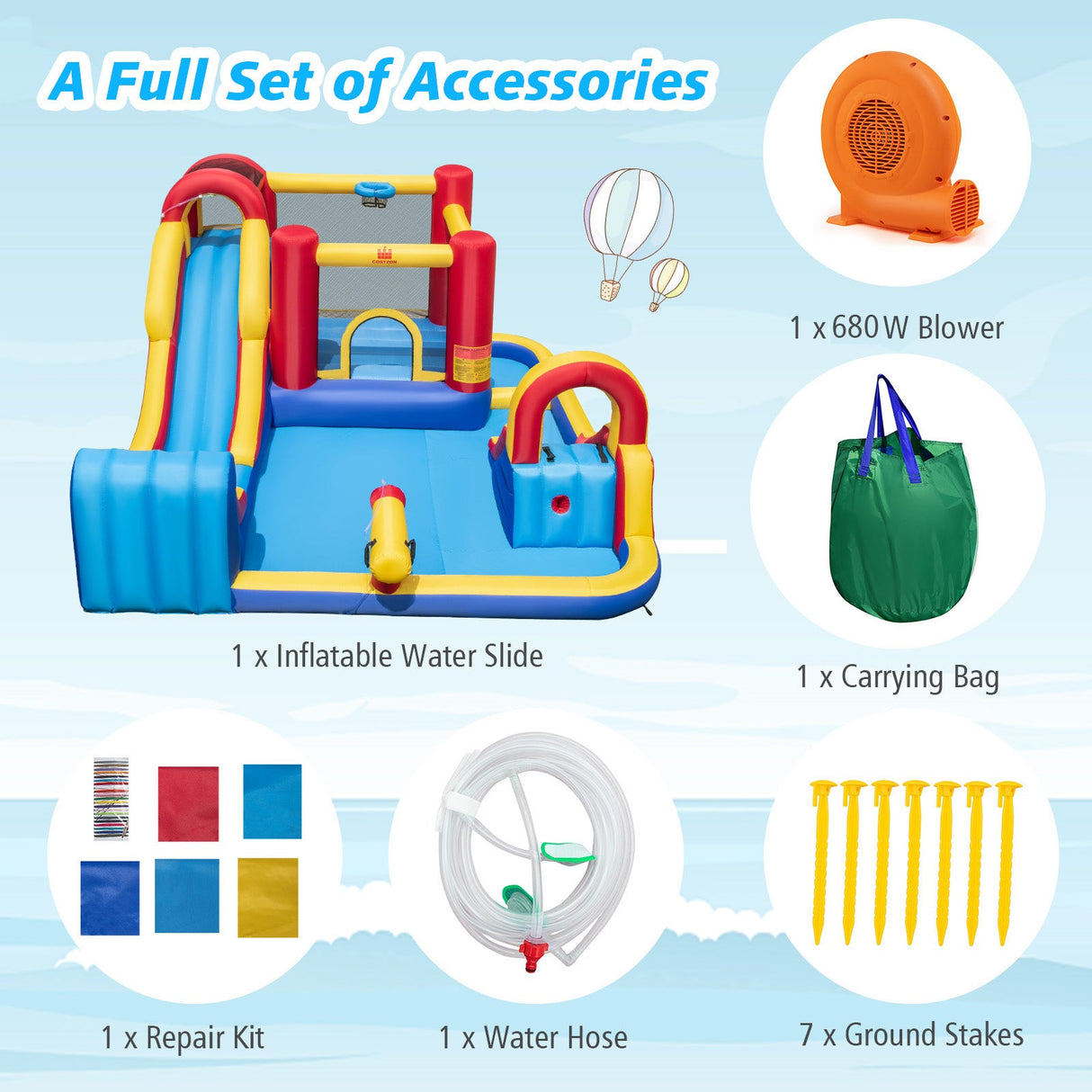 Castillo hinchable inflable de exterior 7 en 1 con toboganes acuáticos y piscinas de chapoteo con soplador de 680 W