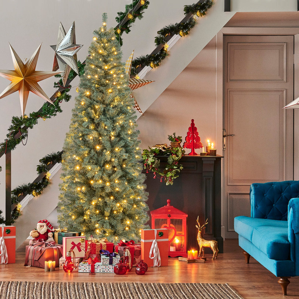 Árbol de Navidad artificial azul preiluminado delgado con 9 modos de iluminación