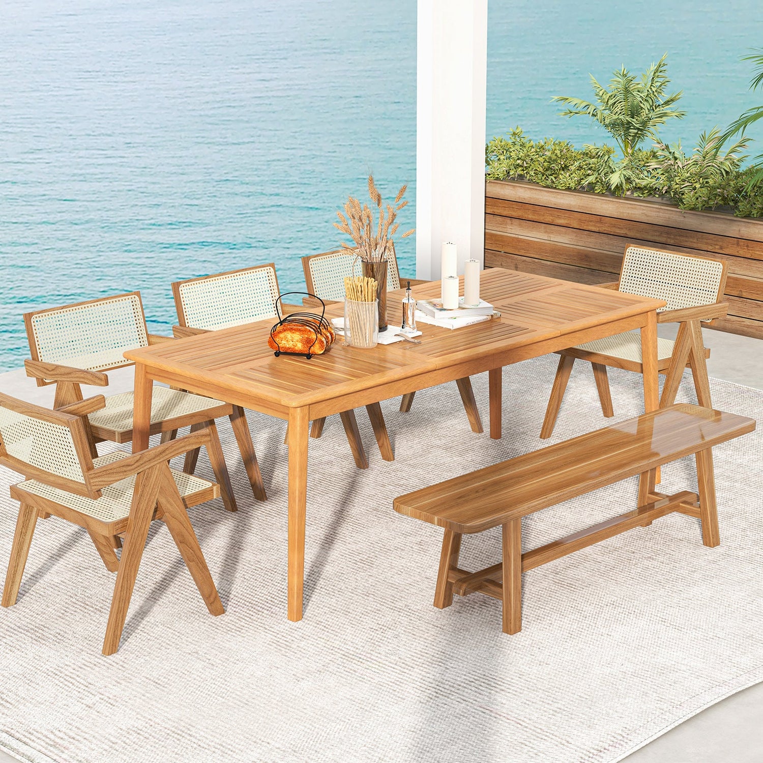 Mesa de comedor rectangular para 8 personas de madera de acacia para exterior con agujero para sombrilla