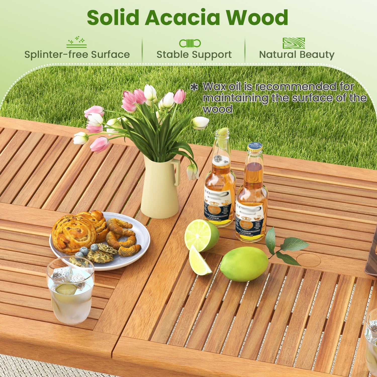 Mesa de comedor rectangular para 8 personas de madera de acacia para exterior con agujero para sombrilla