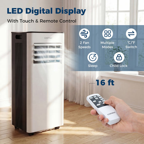Aire Acondicionado Portátil de 10000 BTU con Ventilador, Deshumidificador y Pantalla LED