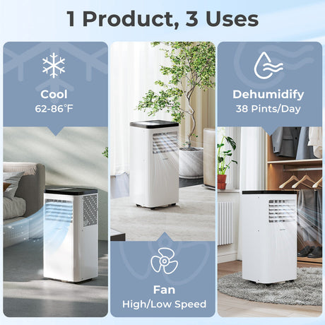 Aire Acondicionado Portátil de 10000 BTU, Unidad de CA de Piso 3 en 1, Ventilador y Deshumidificador para Habitación
