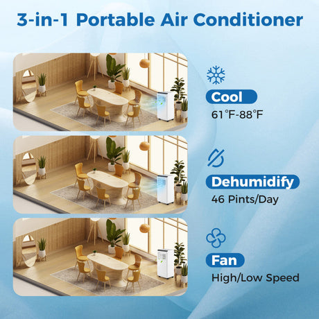 Aire Acondicionado Portátil de 10000 BTU, Unidad de CA de Pie 3 en 1 con Ventilador y Deshumidificador