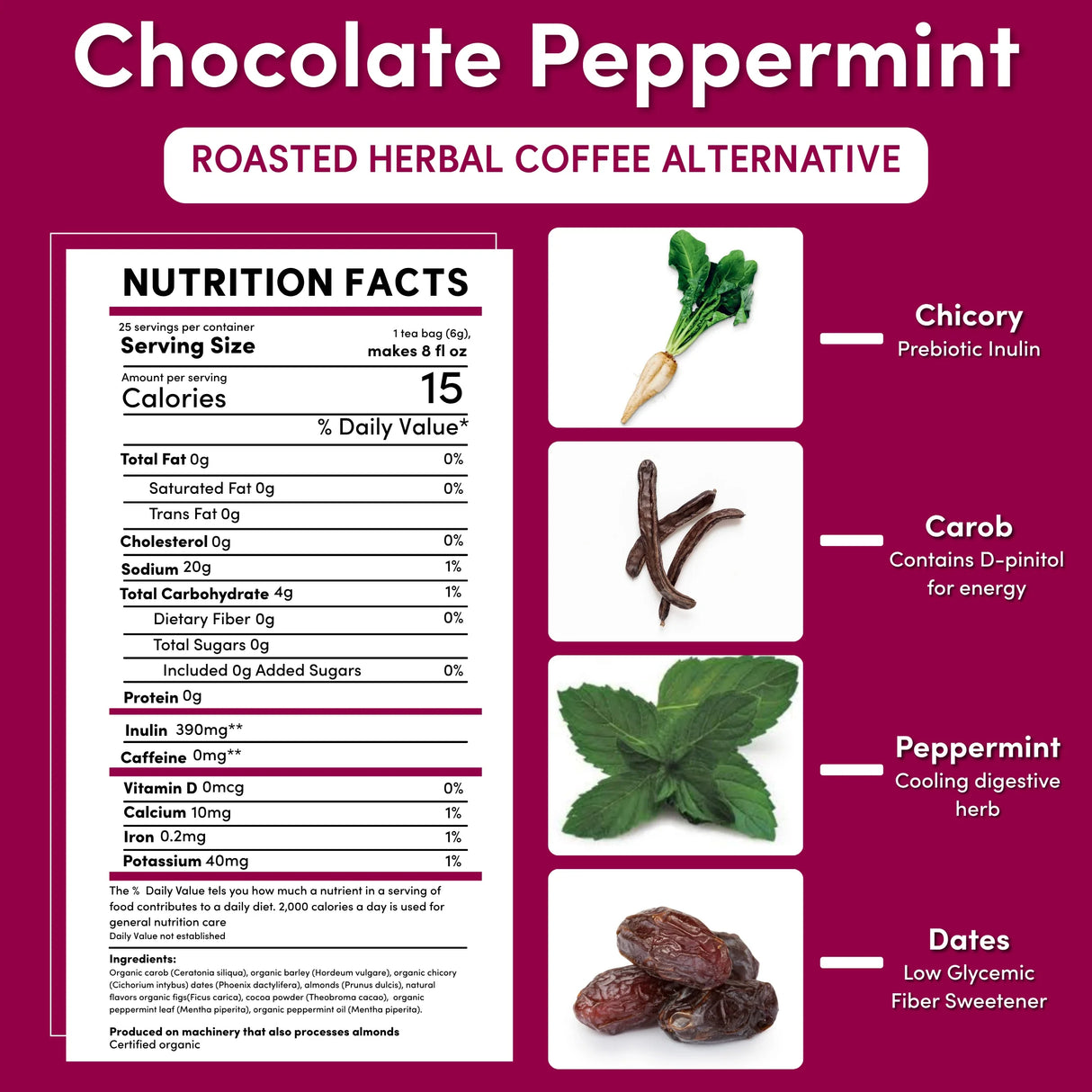 Café de hierbas de achicoria con menta y chocolate