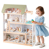 Casa de muñecas de madera para niños, casa de juegos de simulación con 33 accesorios de muebles - Verde