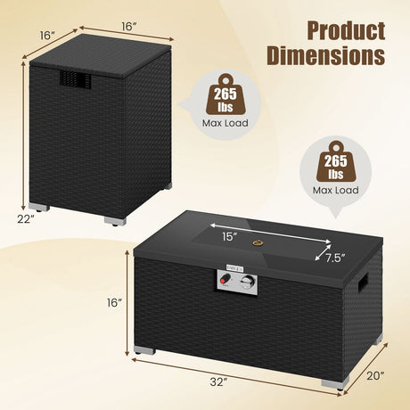 Juego de 2 piezas de mesa de fuego de ratán para exterior, fogón de gas rectangular de 32 pulgadas con cubierta para el tanque