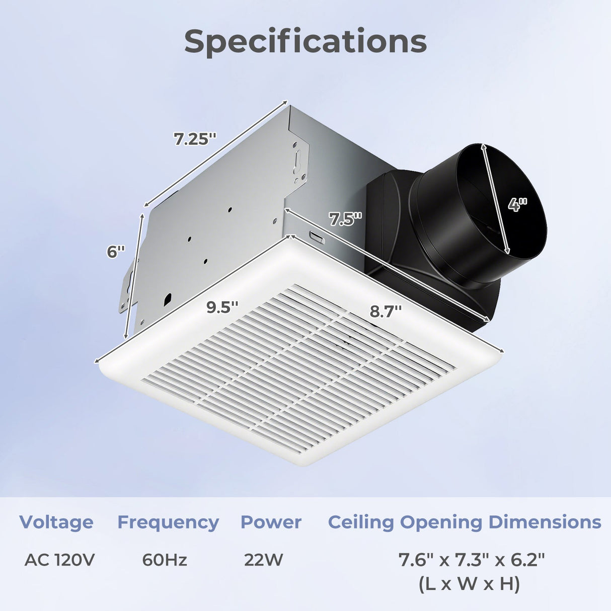 Ventilador extractor de baño de techo de 80 CFM con carcasa metálica y conducto de 4 pulgadas