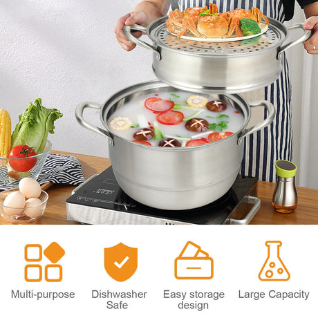 Olla de Cocina de Acero Inoxidable de 3 Niveles con Vaporera