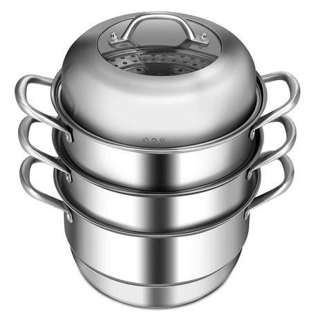Olla de Cocina de Acero Inoxidable de 3 Niveles con Vaporera