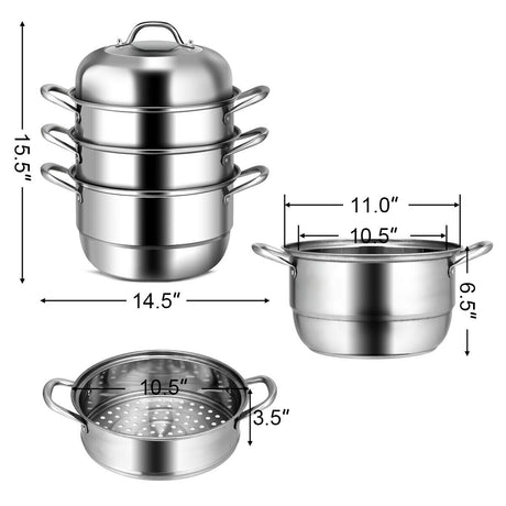 Olla de Cocina de Acero Inoxidable de 3 Niveles con Vaporera