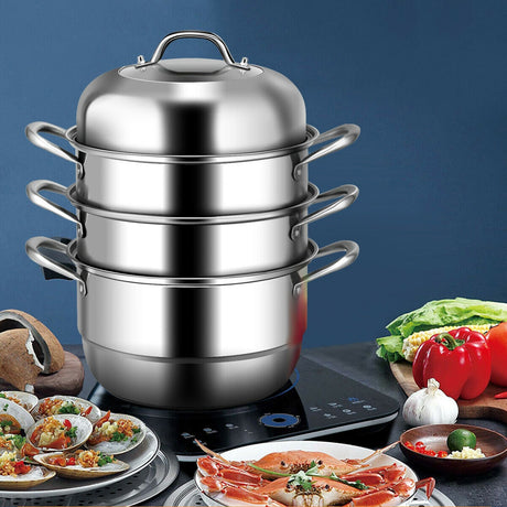 Olla de Cocina de Acero Inoxidable de 3 Niveles con Vaporera