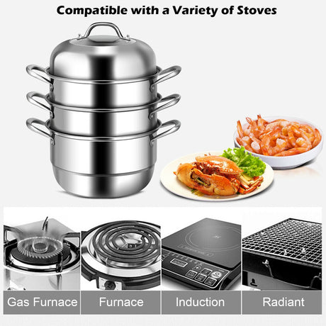 Olla de Cocina de Acero Inoxidable de 3 Niveles con Vaporera