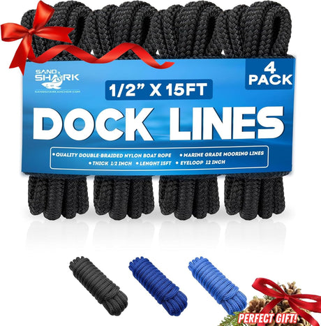 Paquete de 4 amarras premium – Reforzadas para barcos, motos acuáticas y pontones (1/2"x15')