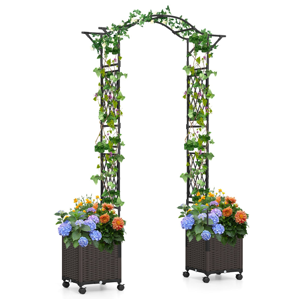 Pérgola de jardín de 208 x 251 cm con 2 jardineras de autorriego con ruedas - Negra