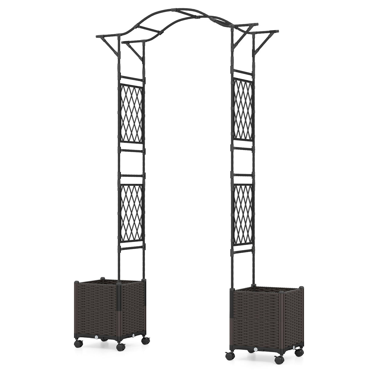 Pérgola de jardín de 208 x 251 cm con 2 jardineras de autorriego con ruedas - Negra