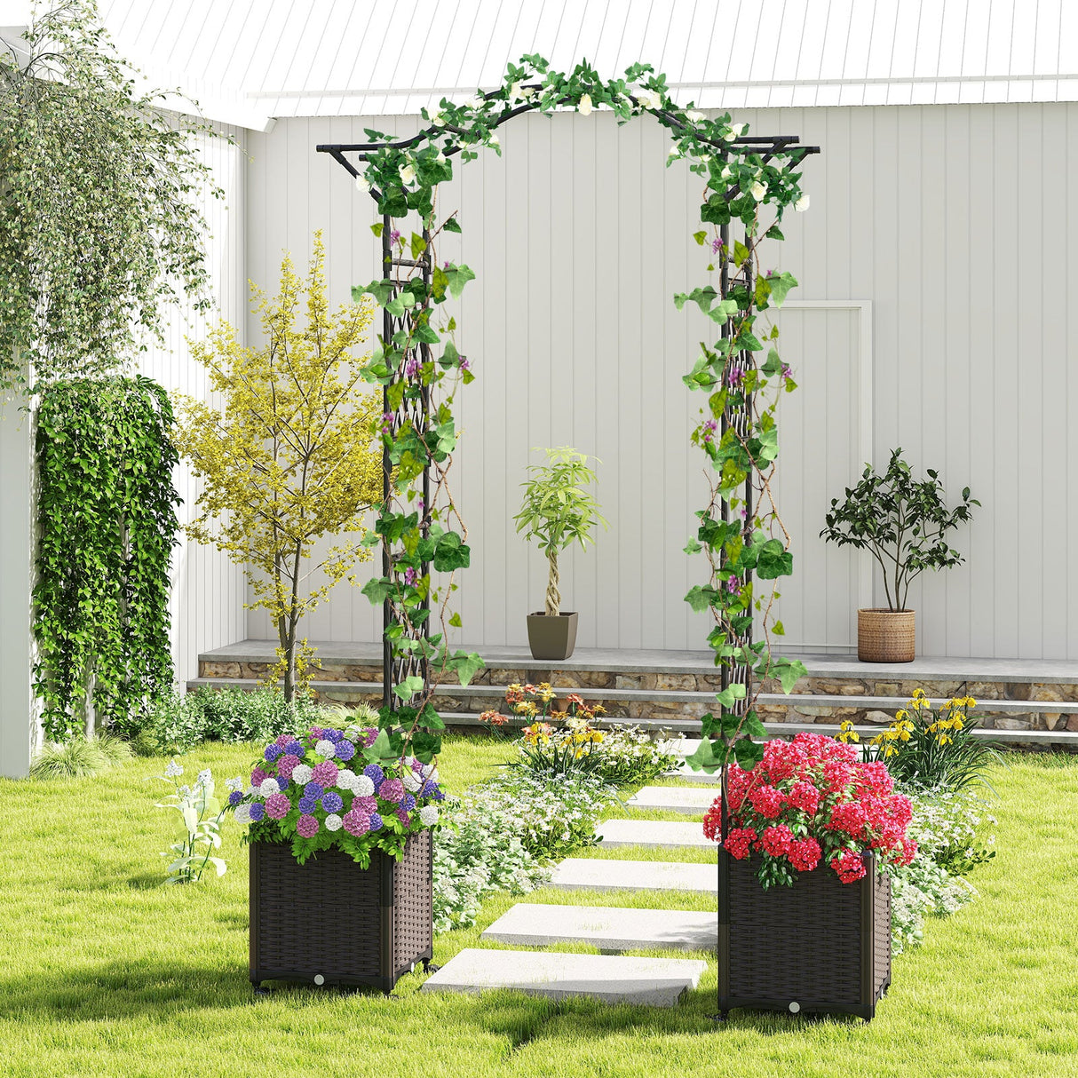 Pérgola de jardín de 208 x 251 cm con 2 jardineras de autorriego con ruedas - Negra