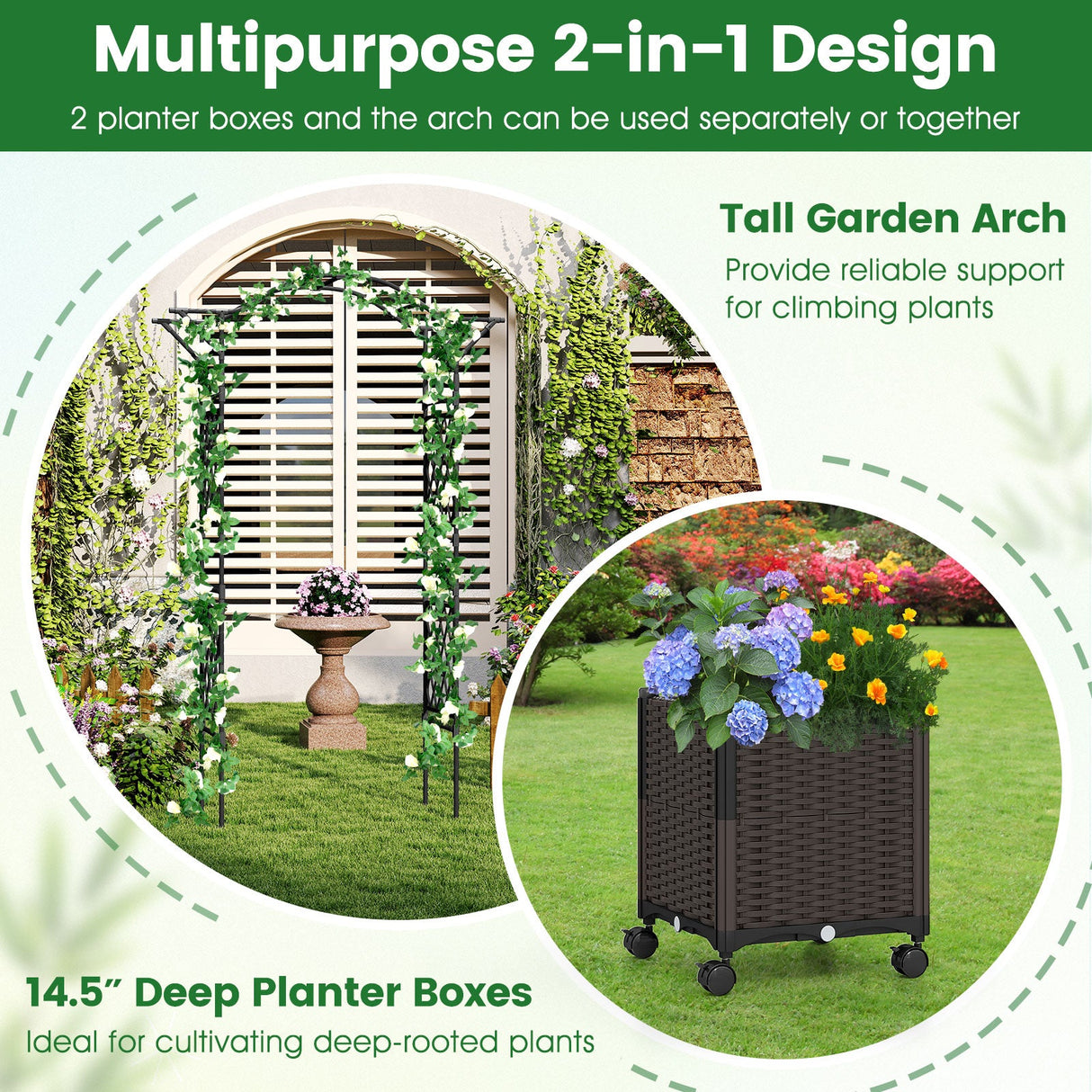 Pérgola de jardín de 208 x 251 cm con 2 jardineras de autorriego con ruedas - Negra