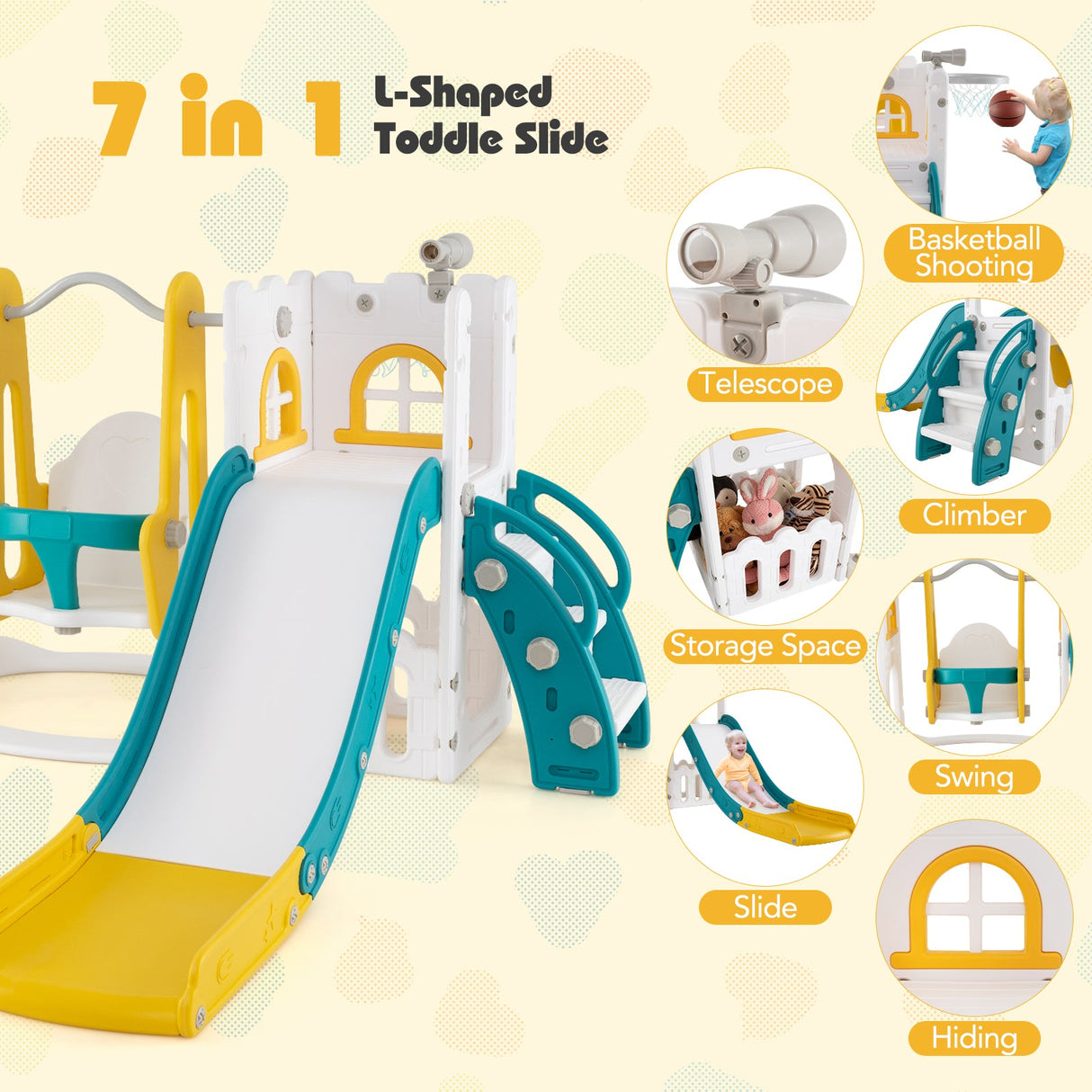 Columpio y tobogán para niños pequeños 7 en 1, en forma de L, con escalera y canasta de baloncesto