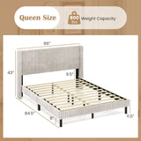 Queen Size Velvet Bed Frame with Vertical Channel Tufted Wingback Headboard-White
