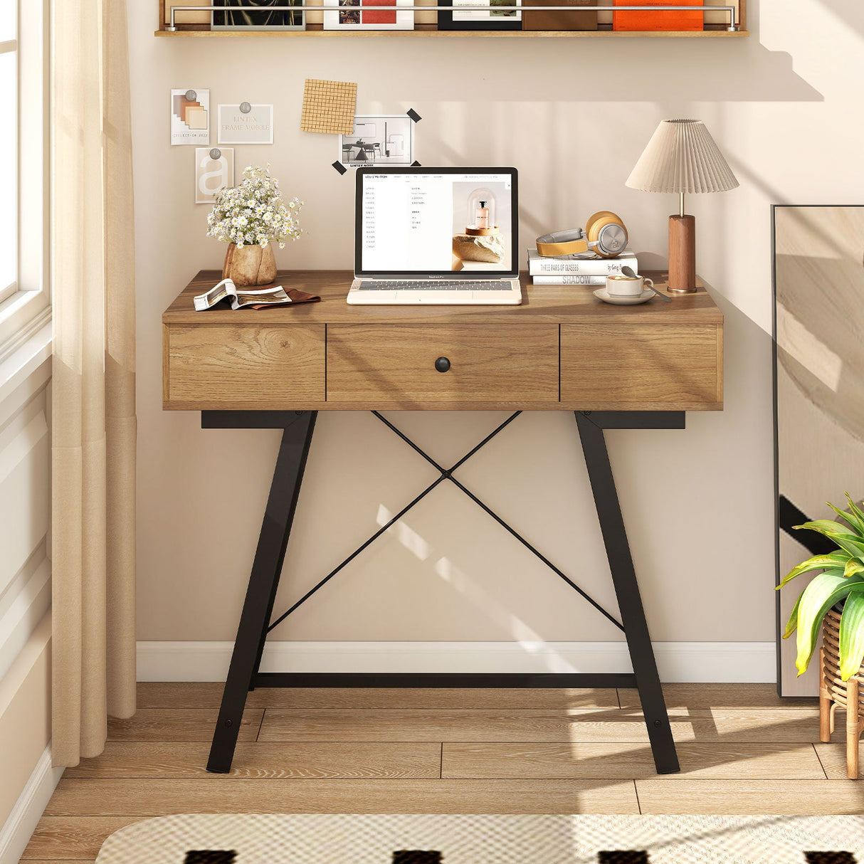 Tocador con espejo elevable, mesa de maquillaje, estilo rústico-marrón