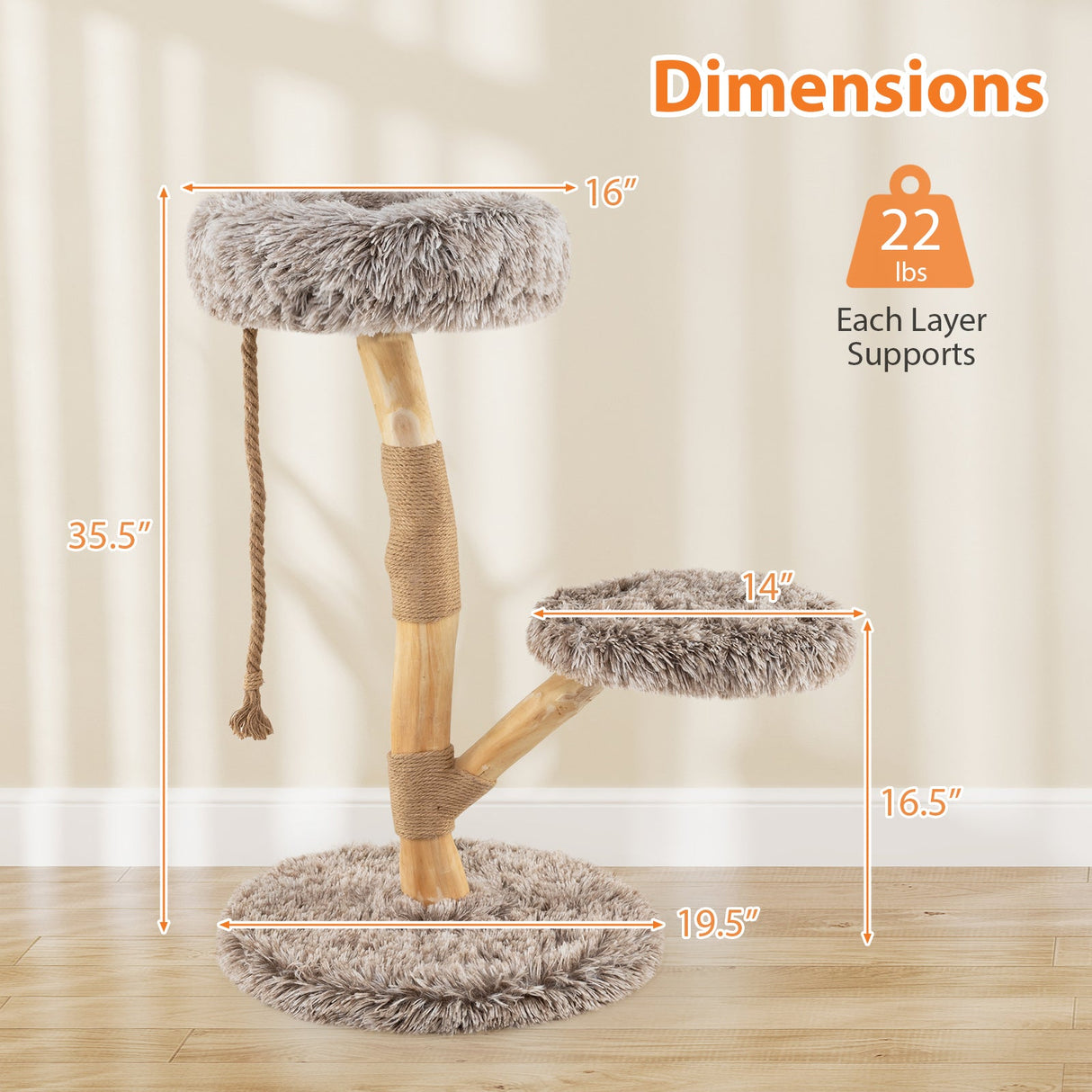 Árbol rascador moderno para gatos de madera con percha y postes rascadores de yute natural - Marrón