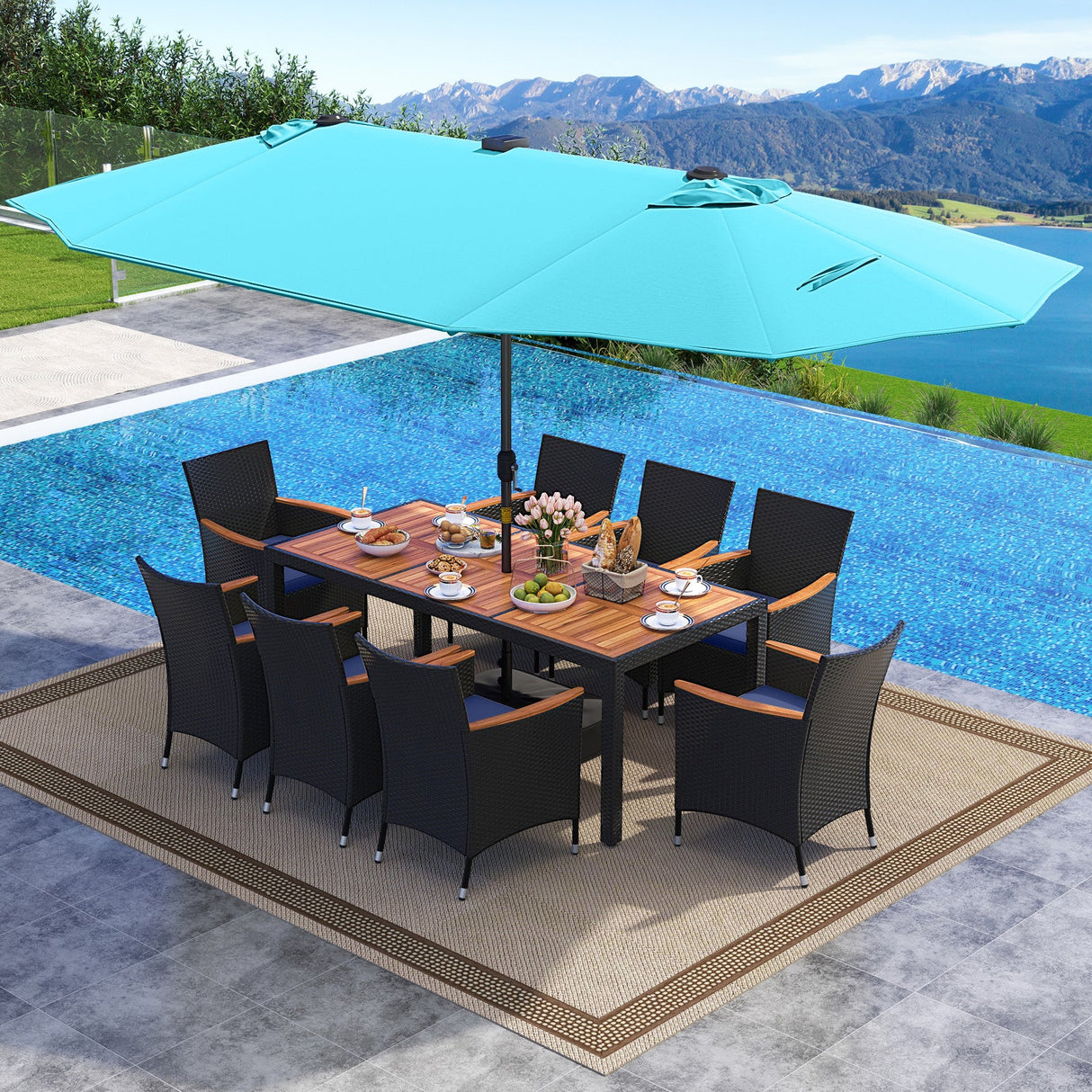 Juego de comedor de patio de 11 piezas con sombrilla LED para patio con base y cojines de asiento (azul marino)