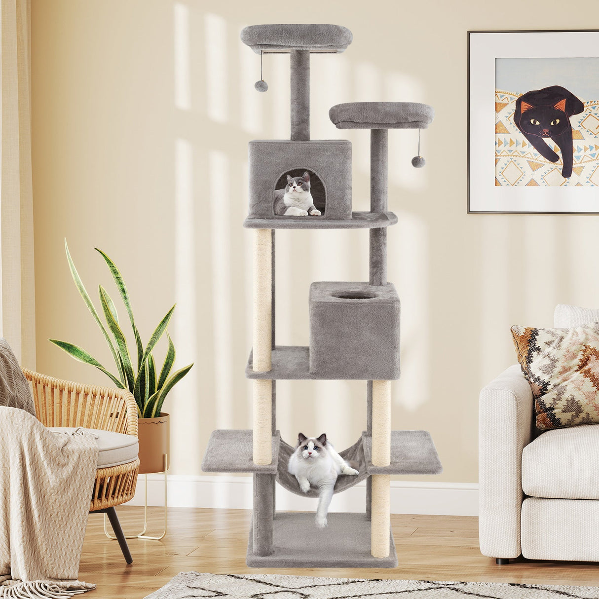 Árbol para gatos grande de 84 pulgadas con 2 condominios y 2 perchas de felpa suave para gatos de interior-Gris
