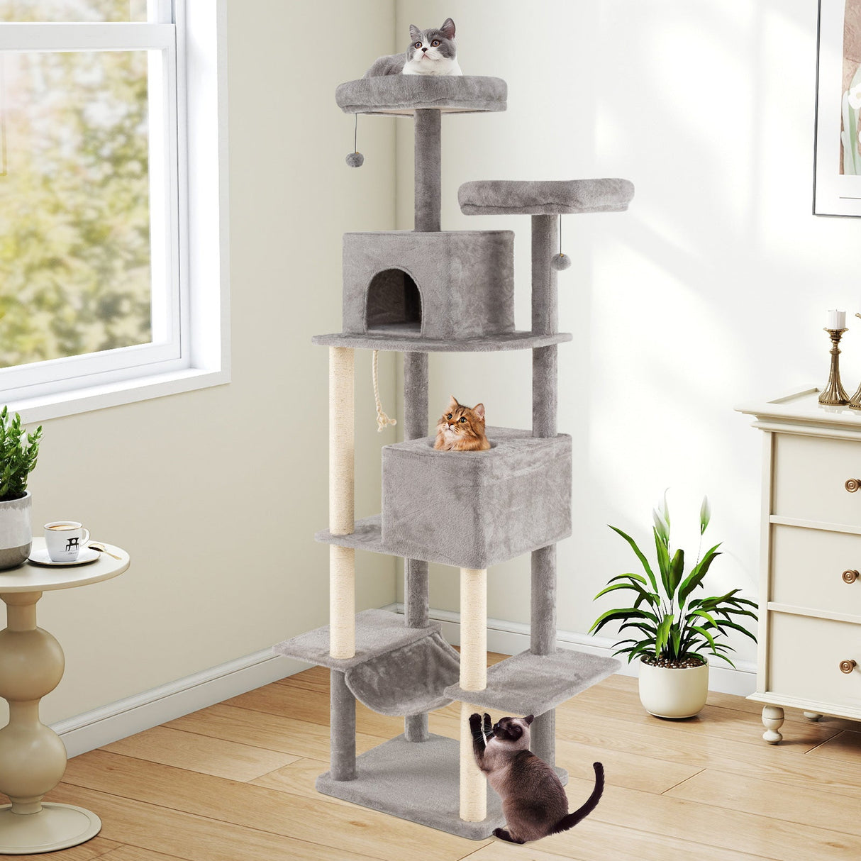 Árbol para gatos grande de 84 pulgadas con 2 condominios y 2 perchas de felpa suave para gatos de interior-Gris