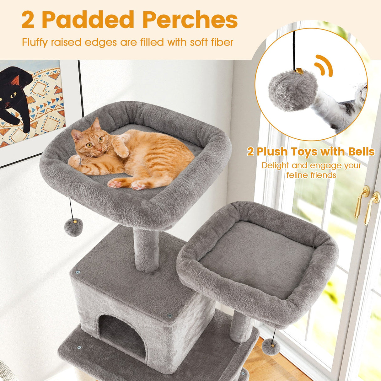 Árbol para gatos grande de 84 pulgadas con 2 condominios y 2 perchas de felpa suave para gatos de interior-Gris