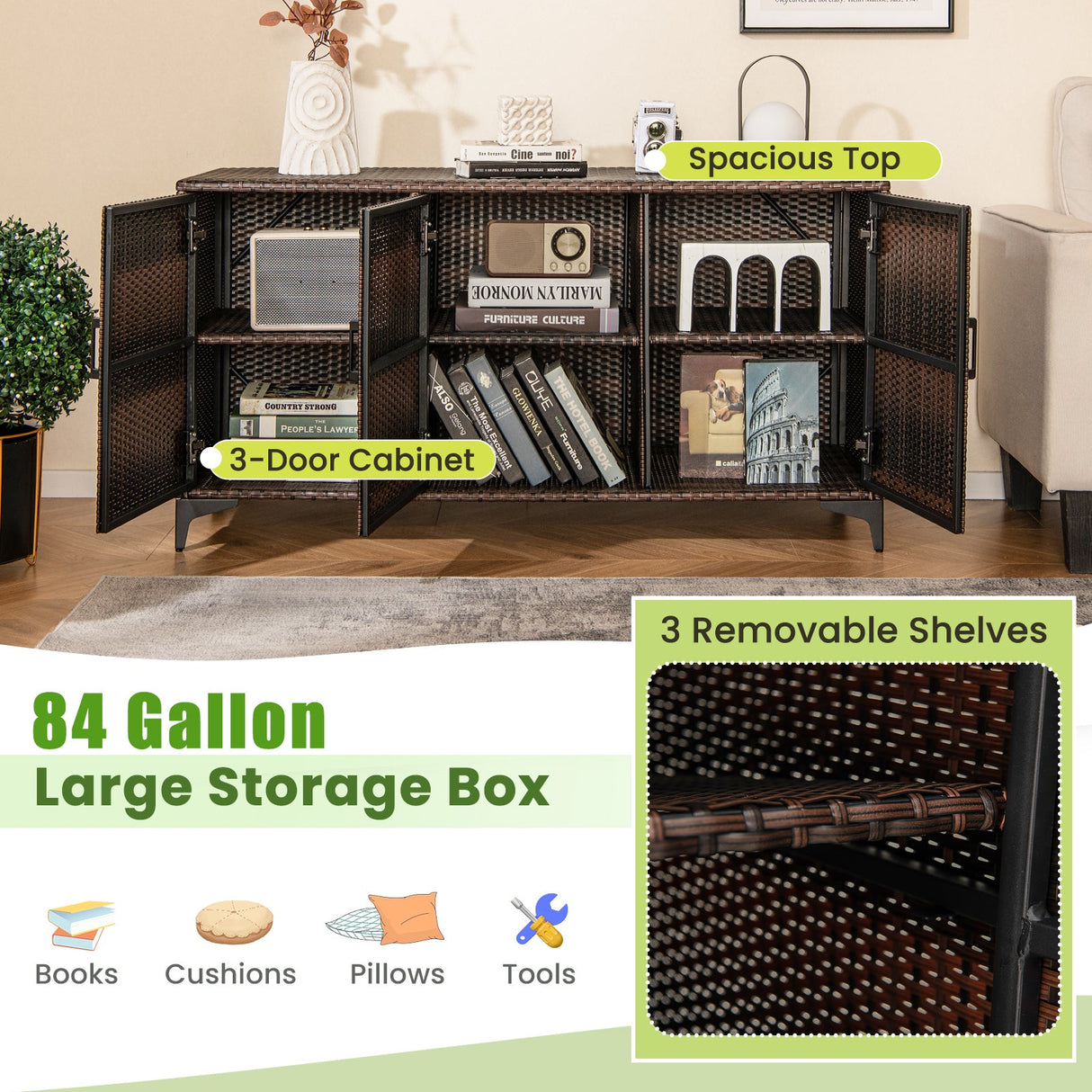 Caja de almacenamiento de mimbre de 84 galones para patio, contenedor de ratán PE de 3 puertas con estantes extraíbles