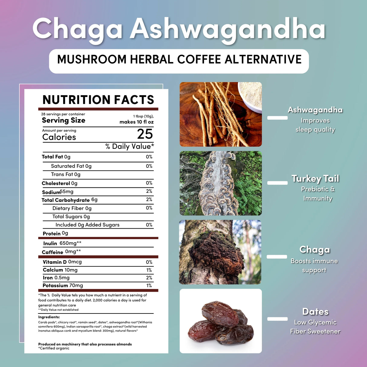 Café herbal con champiñones Chaga, Ashwagandha y crema Butterscotch