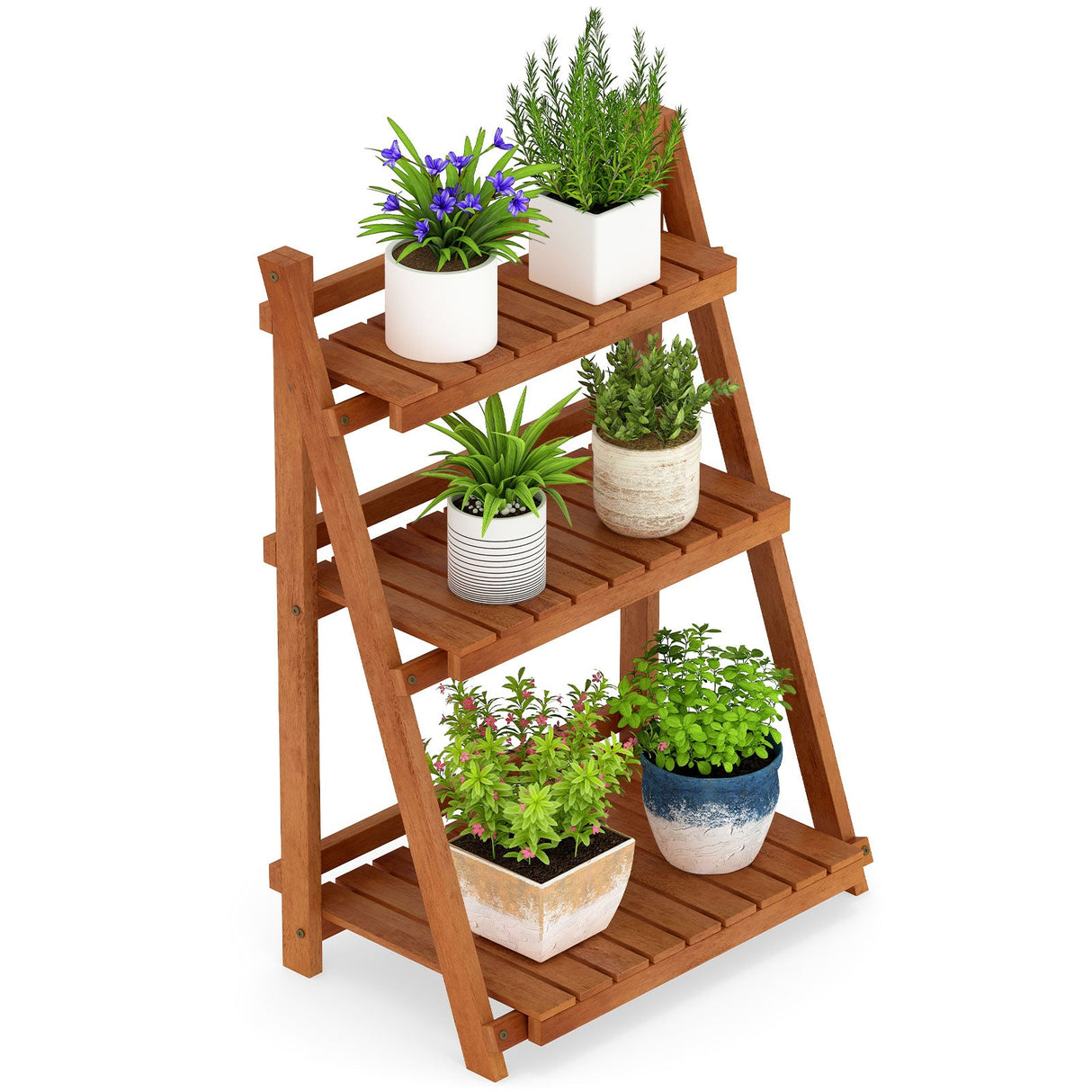 Soporte plegable de madera maciza de 3 niveles para plantas para balcón o patio