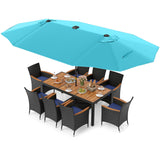 Juego de comedor de patio de 11 piezas con sombrilla LED para patio con base y cojines de asiento (azul marino)